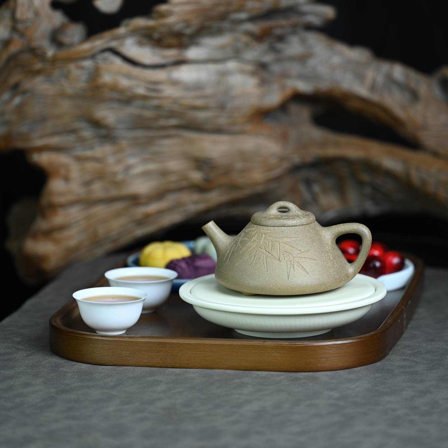 宜兴紫砂壶原矿青段泥子冶竹叶石瓢全手工刻绘家用功夫茶具 280ml