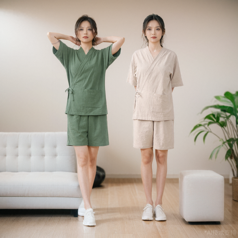 棉麻女士睡衣夏季薄款透气短袖居家休闲套装青年中国风家居服浴袍