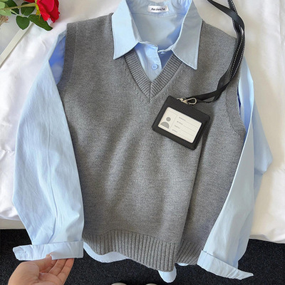 学院风针织V领背心男款秋冬季内搭高级感情侣灰色毛衣马甲打底衫