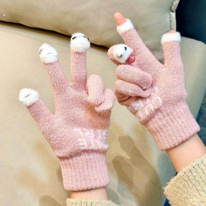 可爱糖豆露指触屏毛绒五指手套女士冬季保暖加绒加厚骑行骑车学生