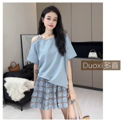 Duoxi+“蓝点落肩”圆领短袖T恤女年夏季新款休闲日常上衣G532#