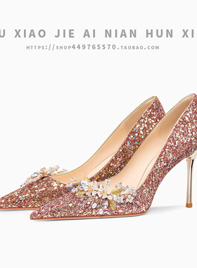 水晶婚鞋新娘鞋秀禾服婚纱两穿2026新款细跟亮片红色高跟鞋女春季