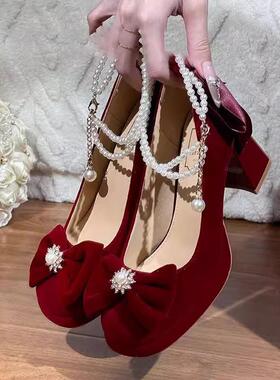 红色婚鞋女高跟秀禾婚纱两穿2026新款小众新娘鞋孕妇不累脚敬酒鞋