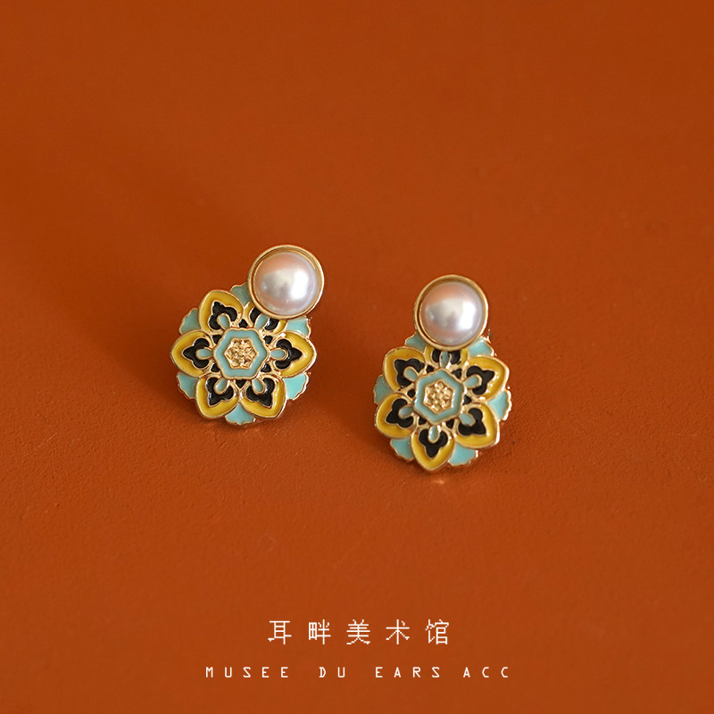 b珐琅唐卡复古民族风珍珠耳钉国风汗服丁真耳环绿色花朵无耳洞耳