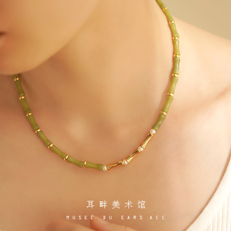 A青竹绿竹节手作珍珠项链