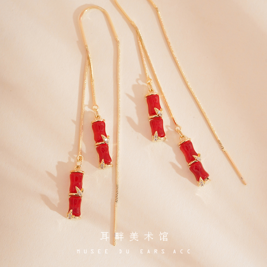 A紅色竹節氣質耳線顯白新年耳環
