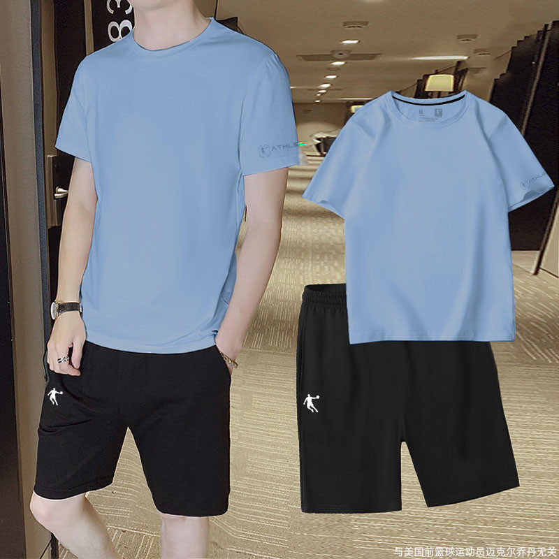 乔丹运动套装男2025夏季冰丝休闲健身房跑步运动服宽松短袖两件套