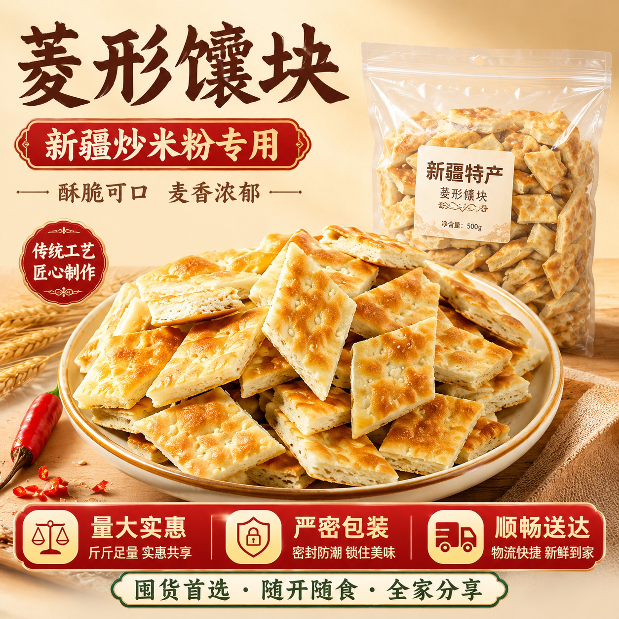 新疆馕饼切块炒米粉囊块小囊条菱形芝麻烤馕饭店餐饮直供整箱