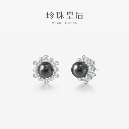 珍珠皇后 S925银海水黑珍珠耳钉9-10mmAkoya花形耳钉3-4mm