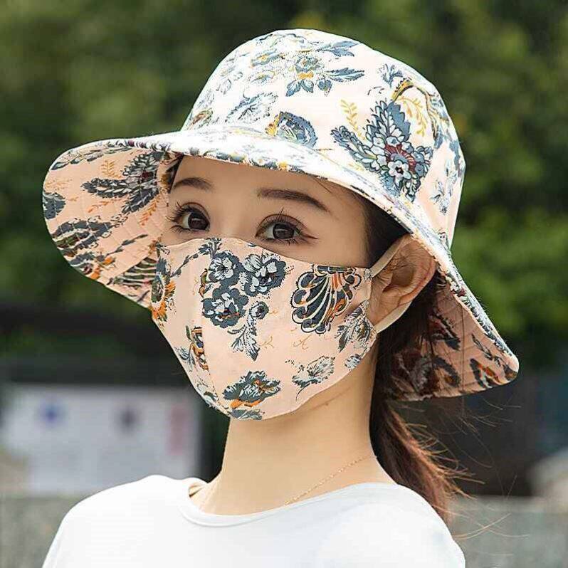 夏季新款口罩一体防晒帽遮阳大沿干活紫外线采茶太阳渔夫帽女妈妈