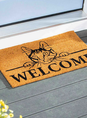 印度进口手工椰壳门垫入户门进门口门厅可爱猫咪welcome椰棕脚垫