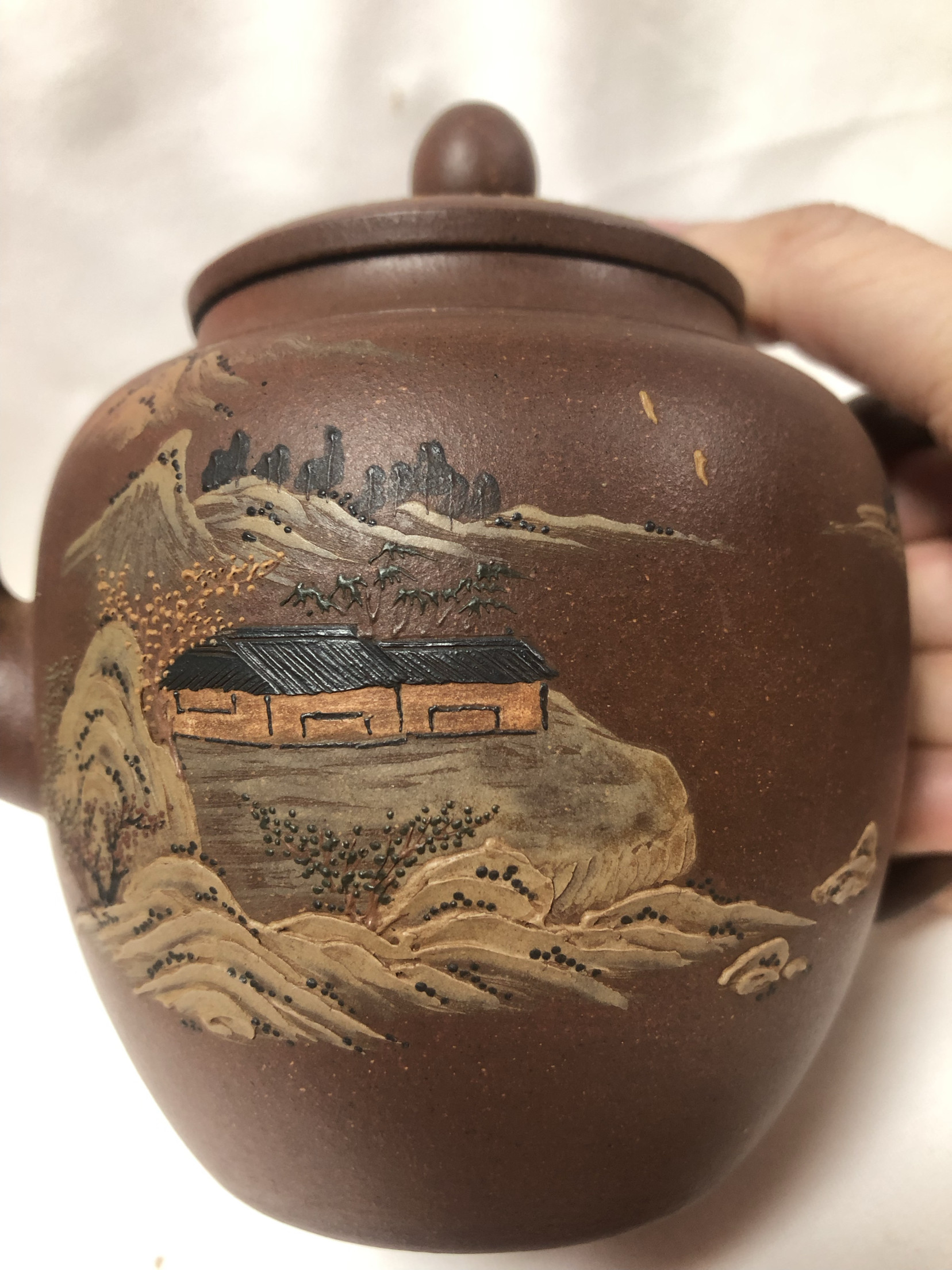 清代范章恩堆彩风景老紫砂壶茶壶