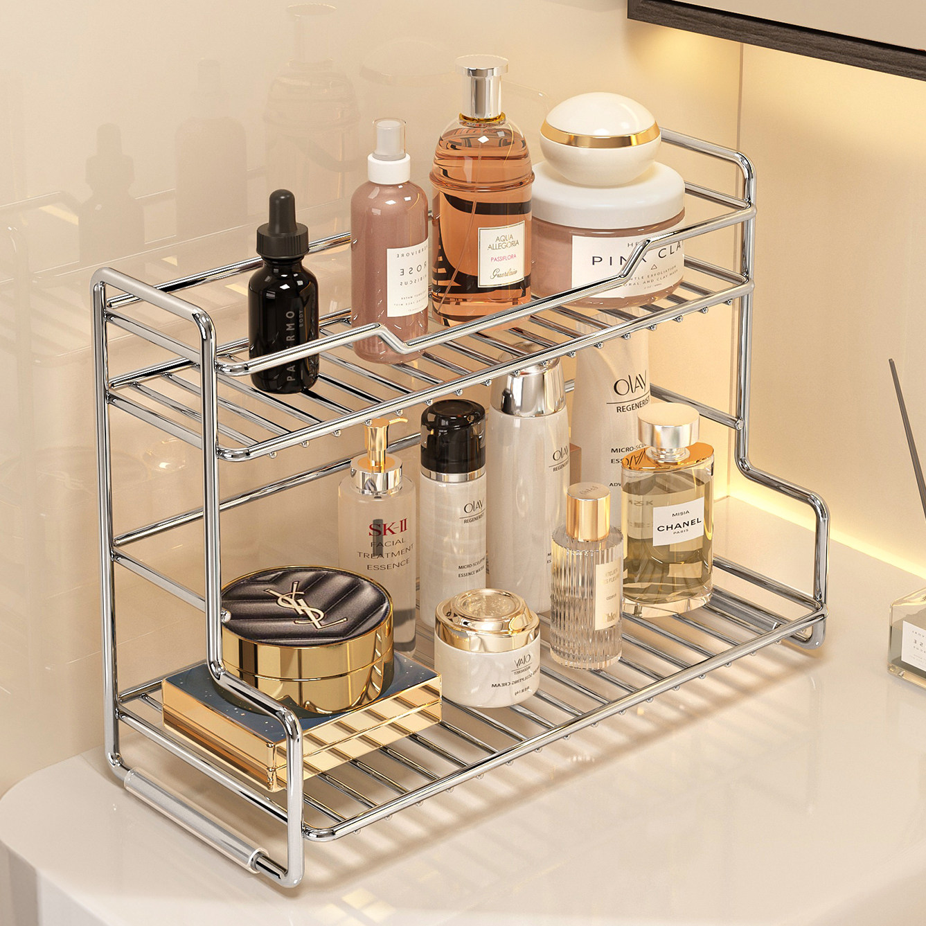 洗漱台置物架不锈钢双层护肤品沥水架浴室卫生间香水化妆品收纳架