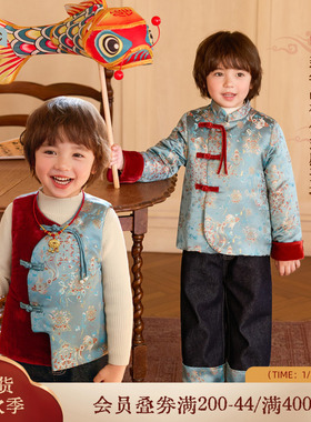 小o宝okids男童加厚儿童过年拜年服国风中式缎面新年套装2026新款