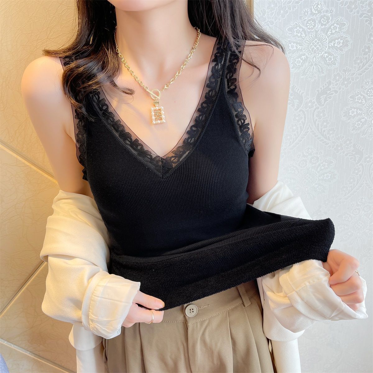 加绒加厚V领背心吊带女秋