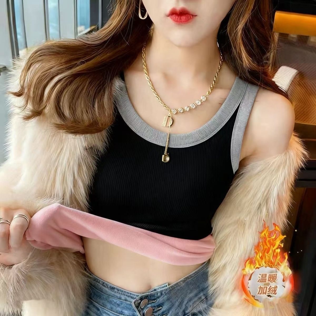 螺纹保暖背心加绒女厚高