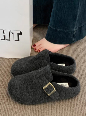 灰色勃肯鞋女2025新款秋冬季包头拖懒人低跟平底一脚蹬外穿半拖鞋