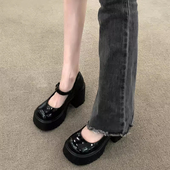 松糕玛丽珍小皮鞋 春秋夏季 女2025新款 高跟粗跟增高宽头配裙子单鞋