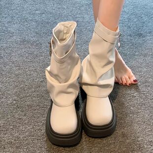 韩版白色堆堆靴女2026新款秋冬季短靴厚底中跟中筒百搭洋气裤管靴