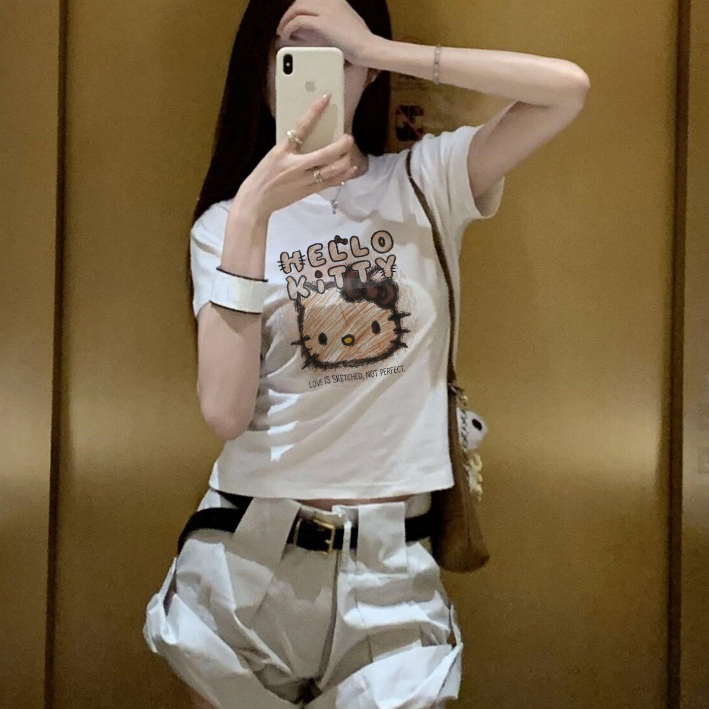 欧货南油2026夏季甜辣素描手绘卡通猫印花短袖T恤女童趣修身上衣