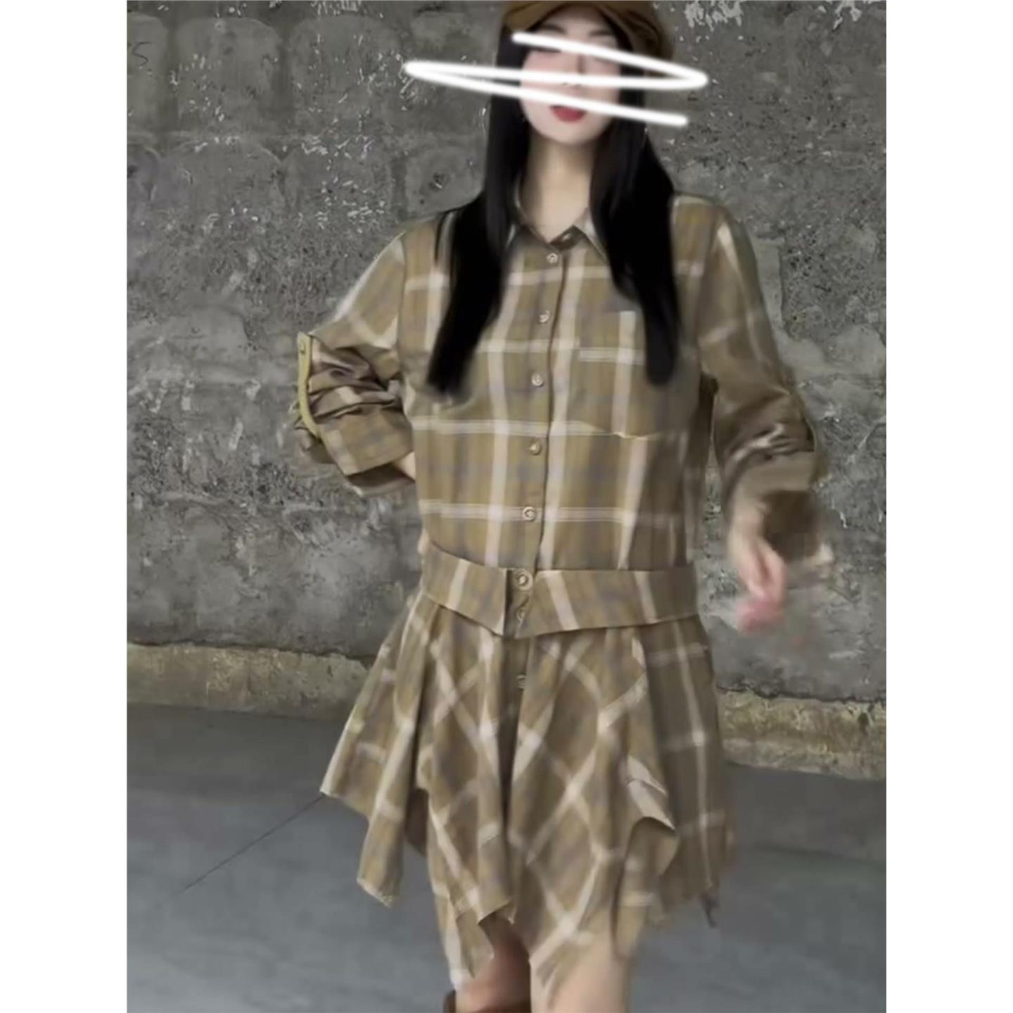 欧货南油2026秋季甜酷假两件格子翻领衬衫裙收腰不规则下摆连衣裙