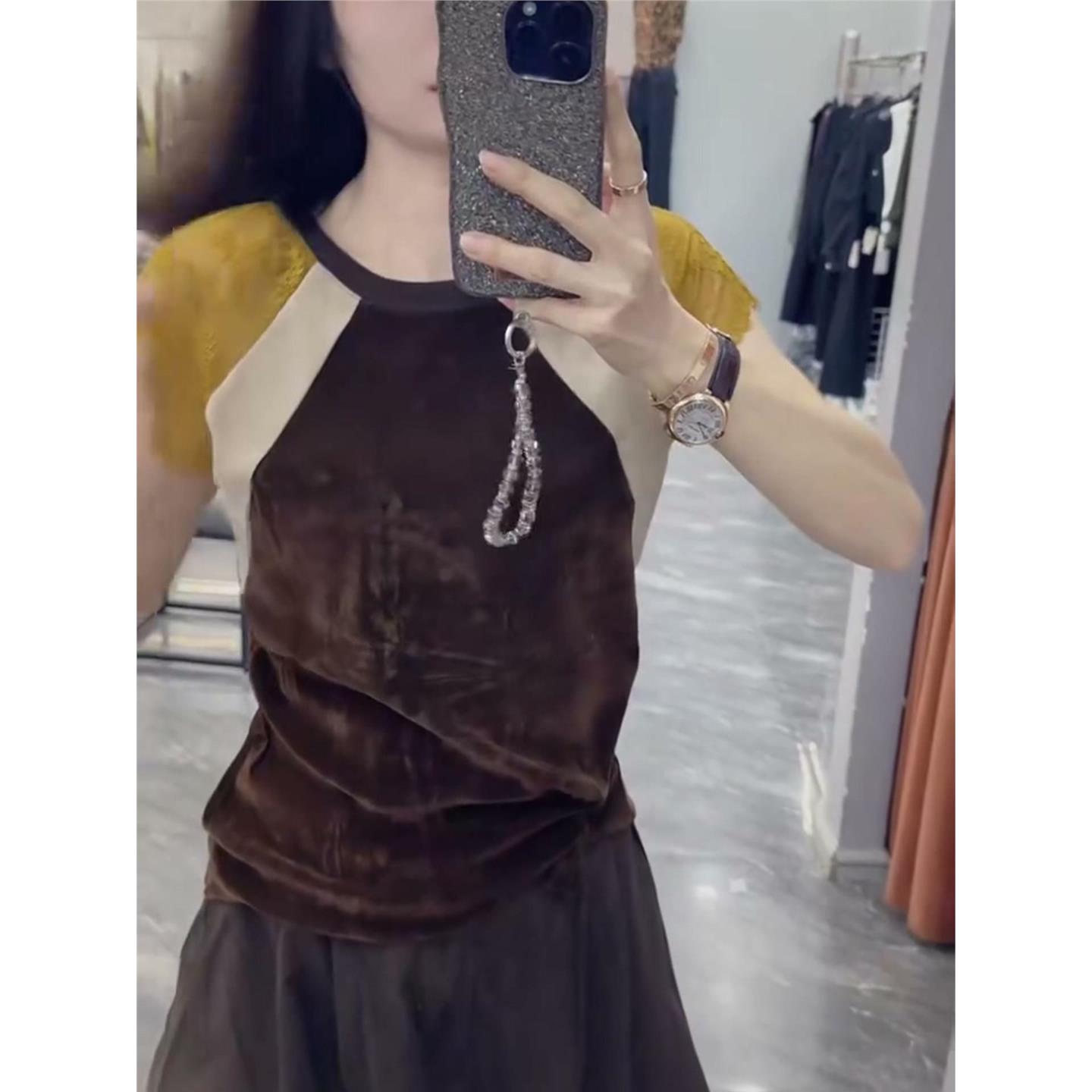 欧货南油2026秋季氛围感蕾丝撞色插肩丝绒短袖T恤女修身显瘦上衣