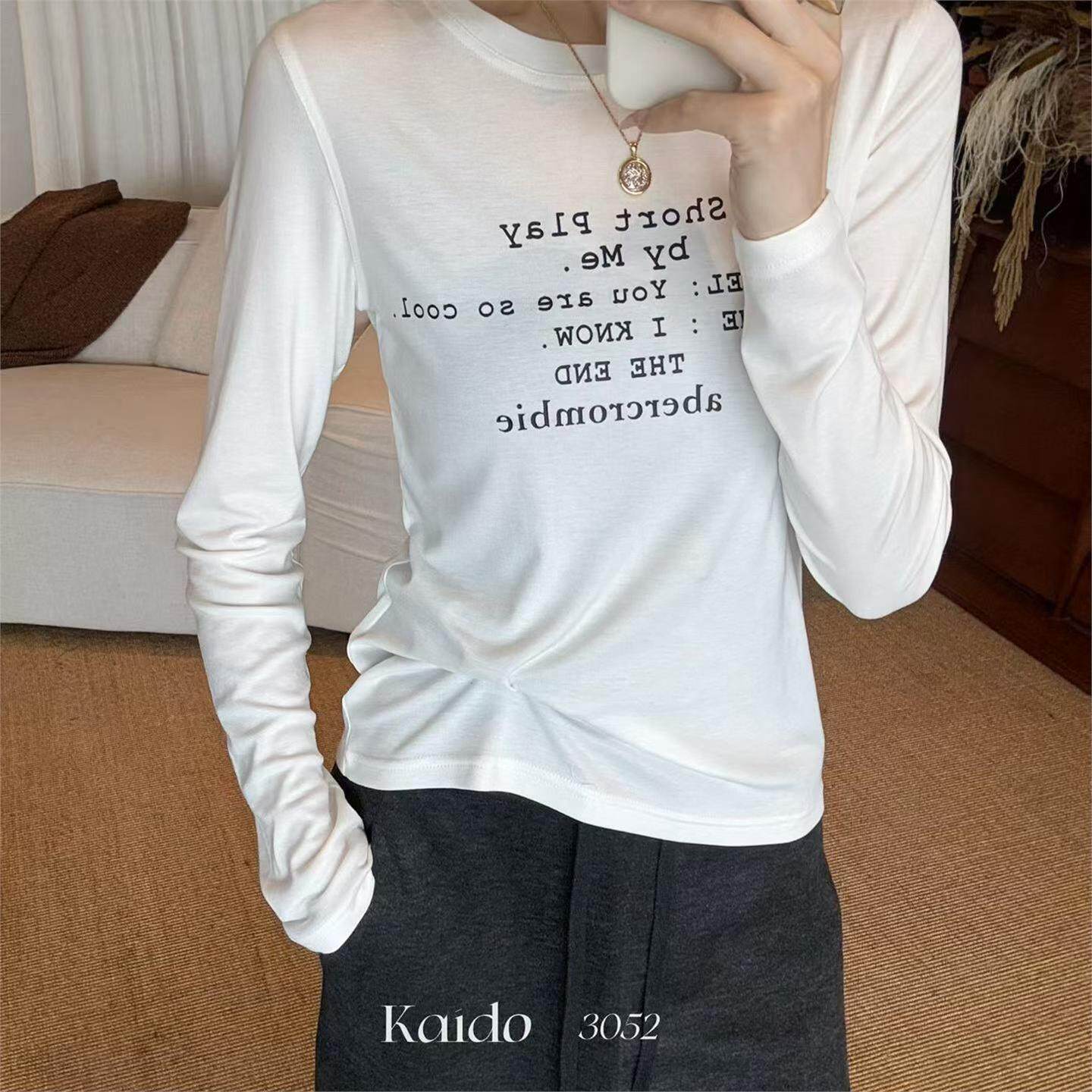 欧货南油2026秋冬极简风字母印花长袖上衣女弹力修身显瘦打底T恤