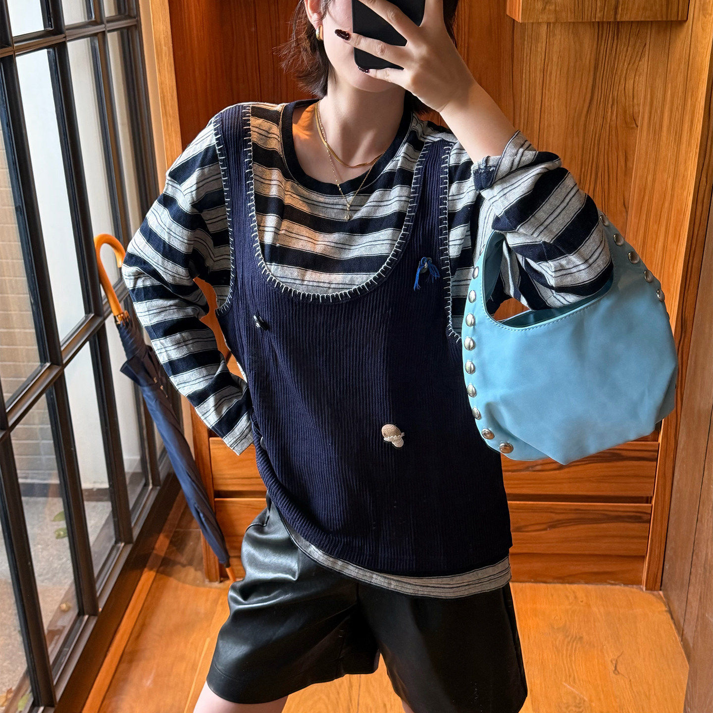 Qian.欧货南油2026秋季松弛感假两件叠穿毛织背心宽松条纹上衣女