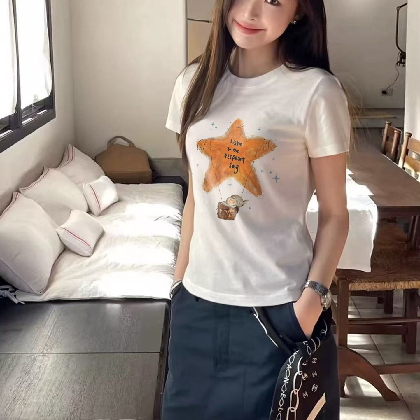 欧货南油2026夏季韩系星星小象印花短袖T恤女修身显瘦减龄上衣潮