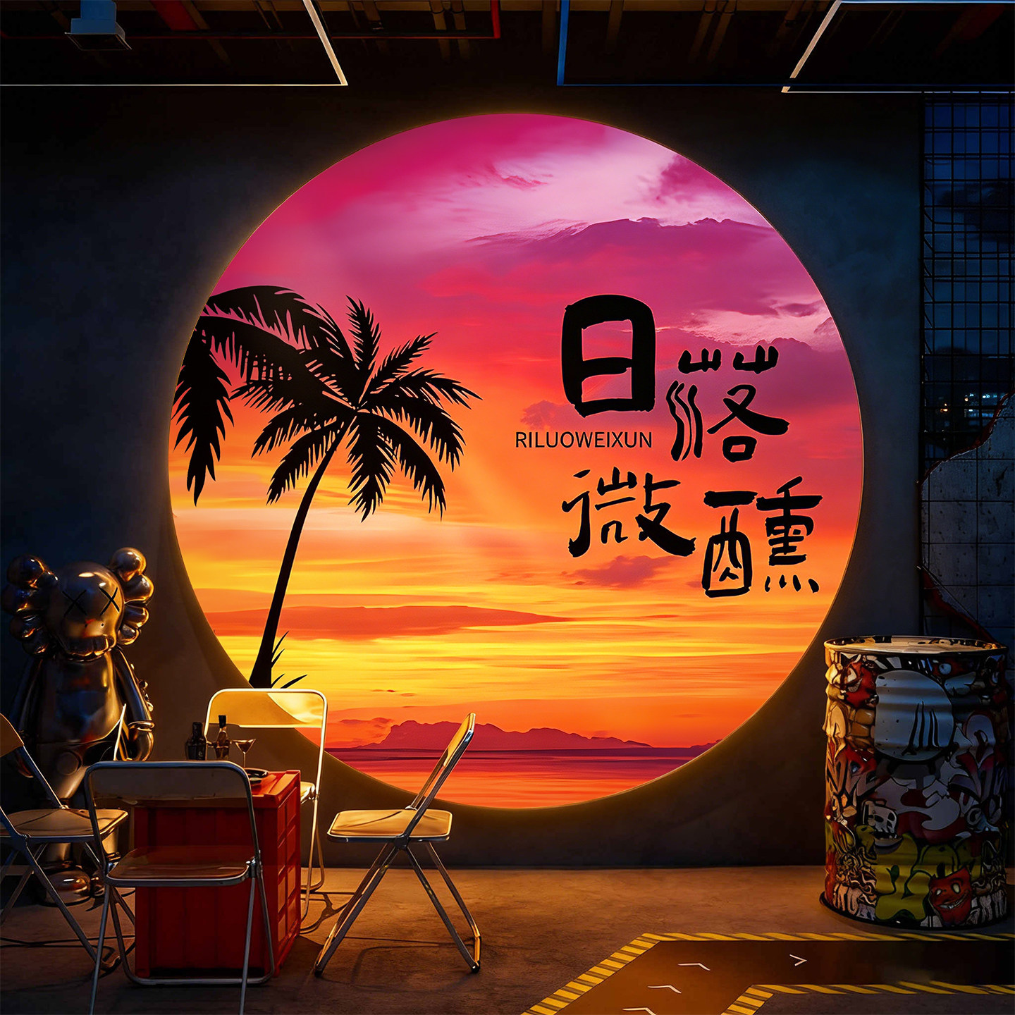 渐变色幻彩椰树落日灯箱打卡墙图片
