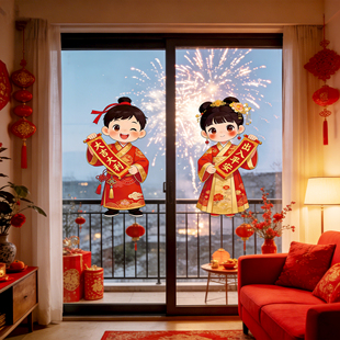 汉服金童玉女门贴春节家里氛围布置2026新款年画娃娃玻璃静电贴QT