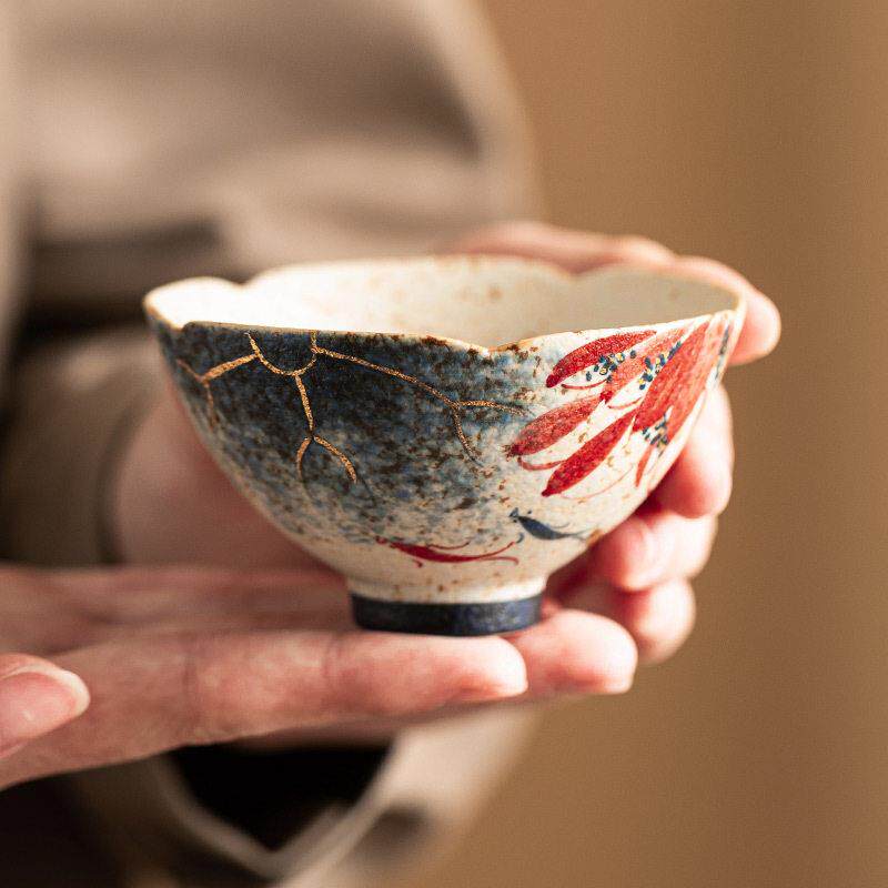厂家青花火石红陶瓷茶杯描金手绘荷韵锦鲤斗笠葵口杯主人杯品茗杯