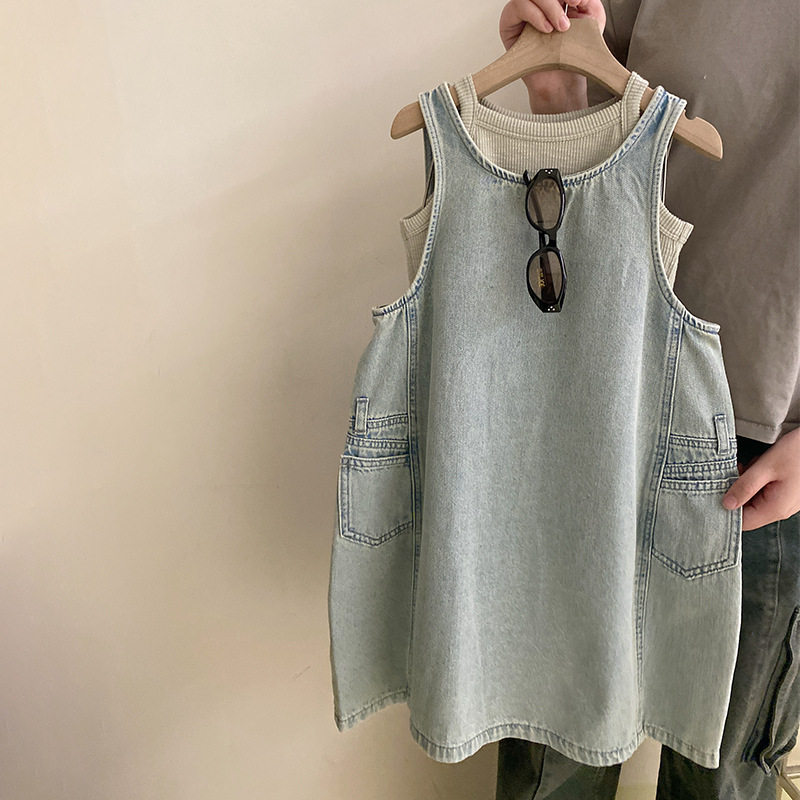 女童夏季新款百搭可爱纯色背心2025潮流洋气牛仔背心连衣裙两件套