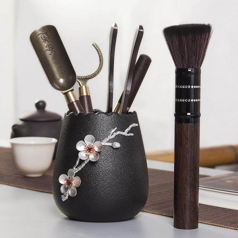 黑陶锡梅花茶道六君子套装小茶盘茶具简约黑檀木实木配件