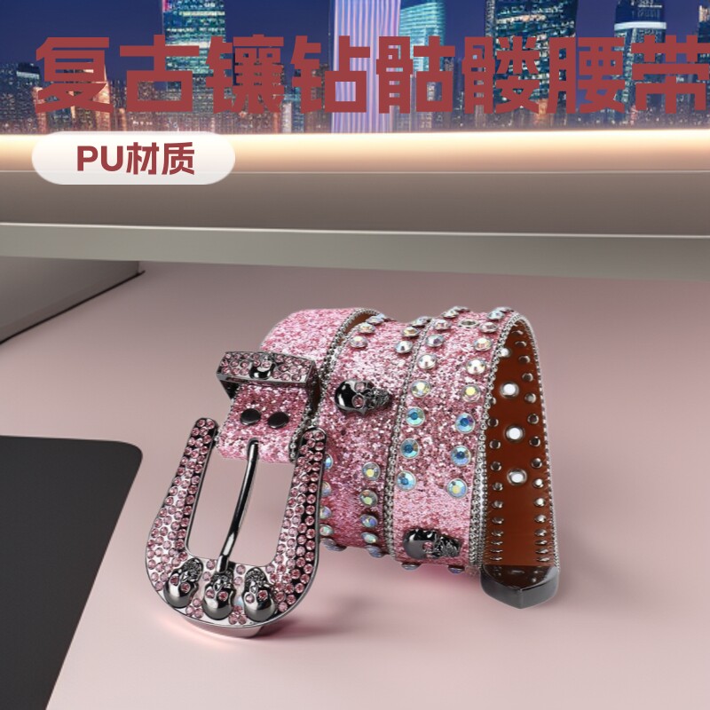 镶钻骷髅皮带合金针扣复古水钻