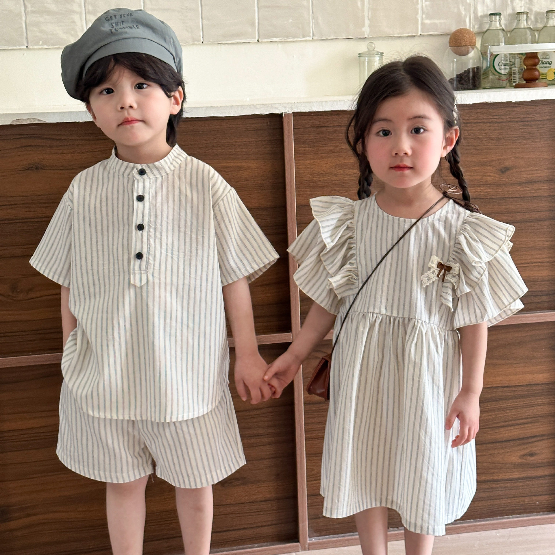 儿童夏季套装男童短袖条纹2026新款夏装宝宝纯棉女童连衣裙兄妹装