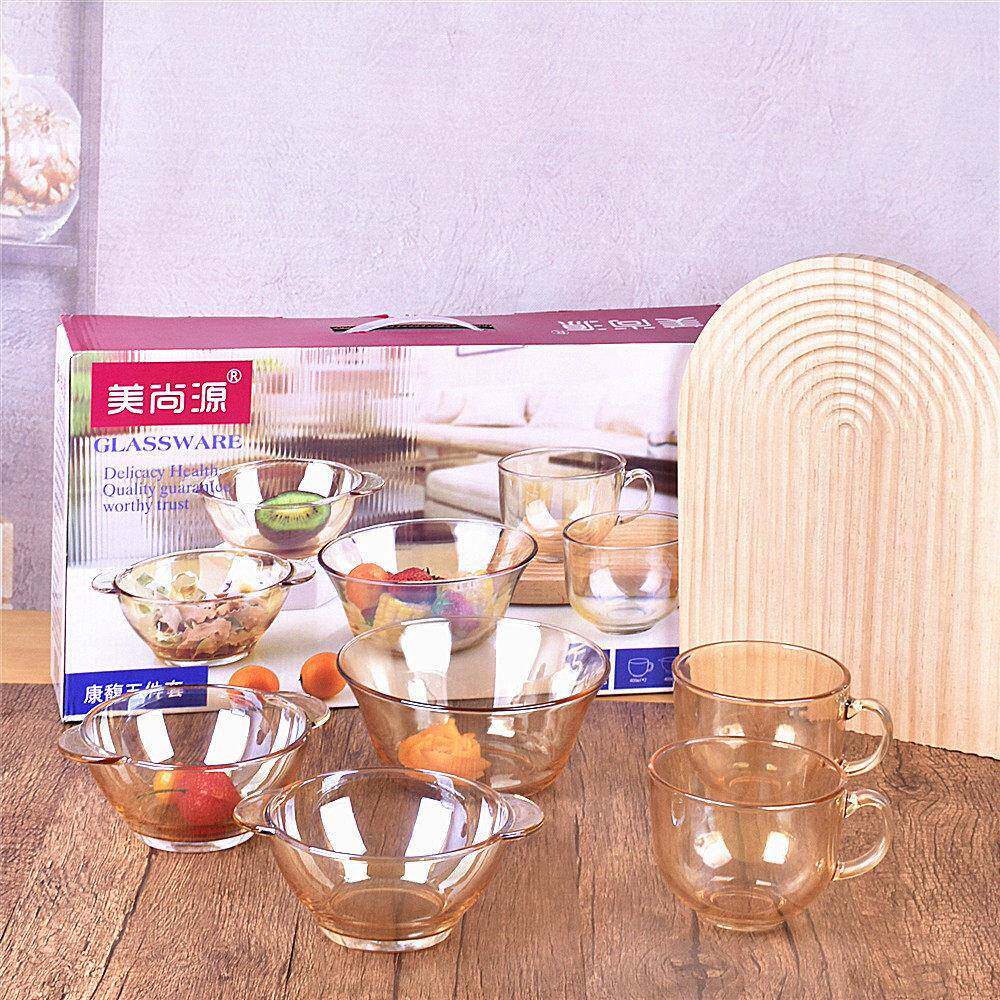茶色玻璃碗杯五件套 北欧双耳碗玻璃餐具套装 早餐燕麦牛奶杯礼品