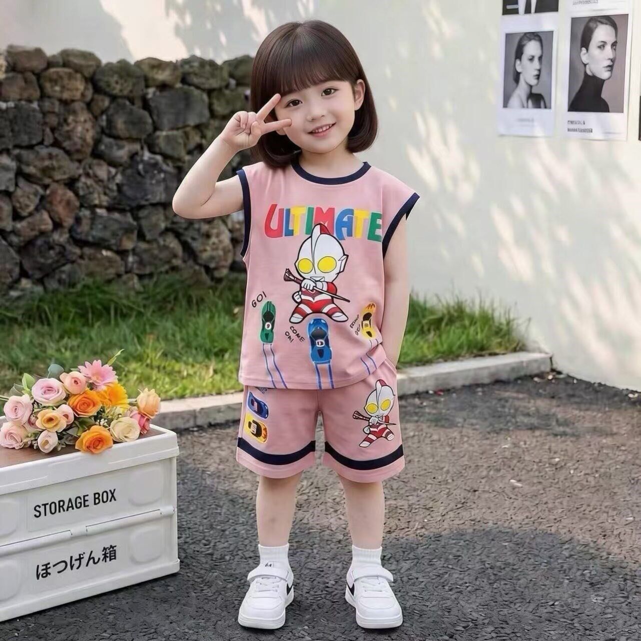 女童迪迦奥特曼洋气背心夏季T恤短裤两件小女孩发光薄款粉色套装