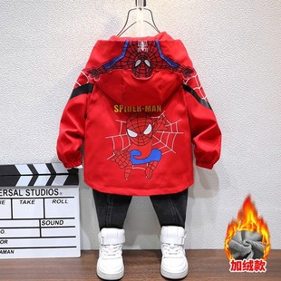 春秋款女童蜘蛛侠冲锋衣加绒男童带灯冲锋衣冬季中大童连帽衫外套