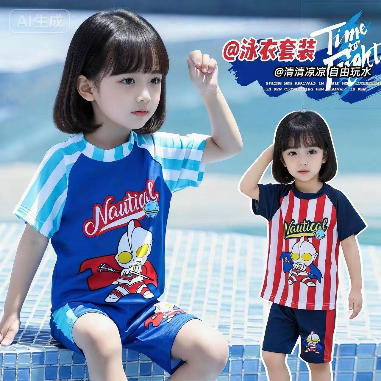 2026新款女童赛罗奥特曼男童泳衣中大童A类分体小童游泳衣两件套