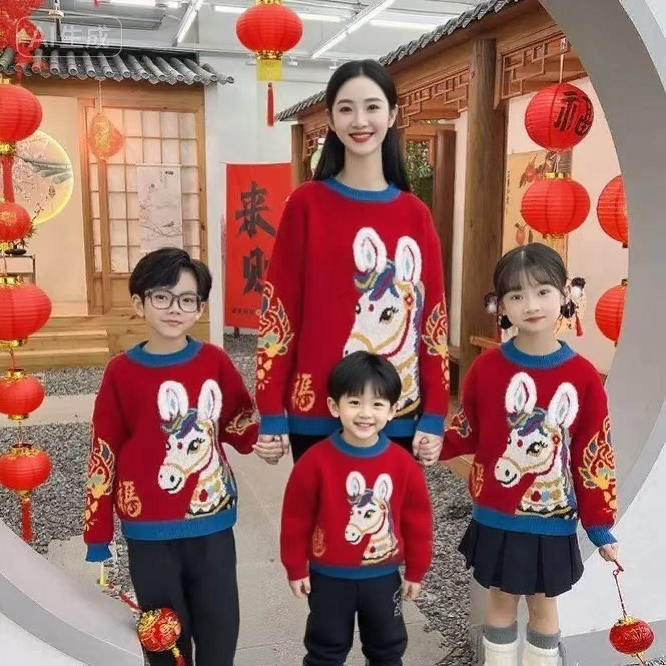 2026马年秋冬毛衣年服红色儿童毛线男女童亲子喜庆套头针织衫成人