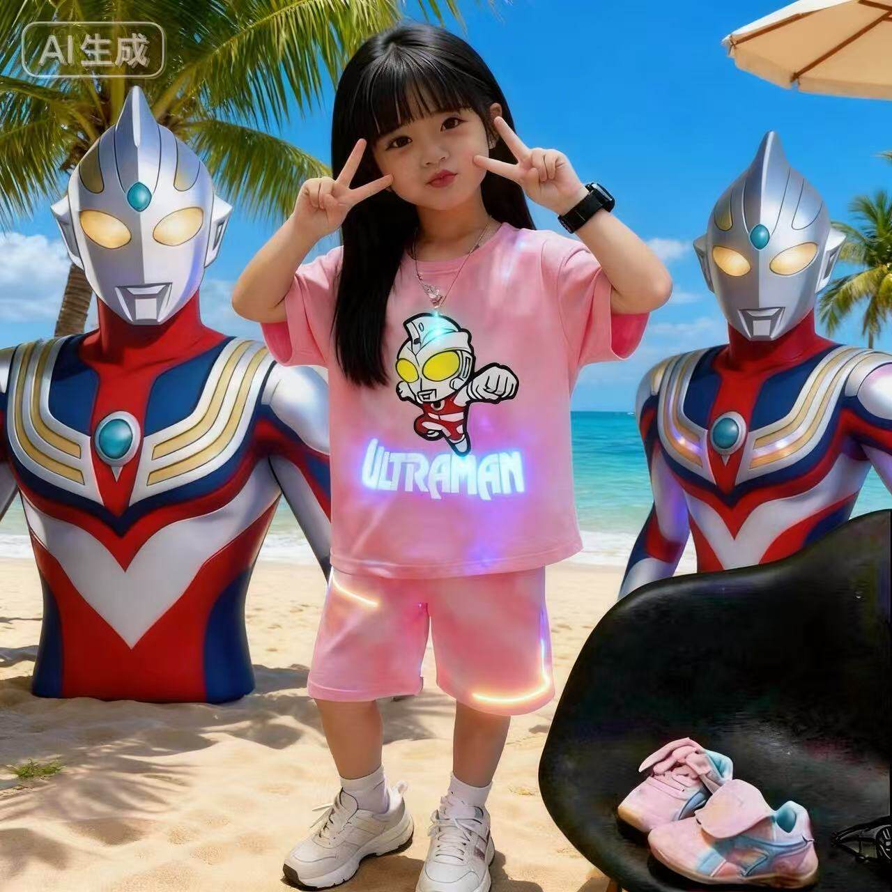 2026夏季正版女童奥特曼纯棉发光短袖女孩纯棉T恤洋气迪迦两件套