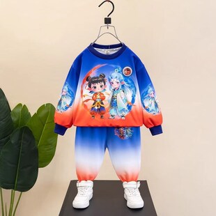 春天男童哪吒长袖卫衣套装春秋2025新亮灯洋气男孩运动纯棉两件套