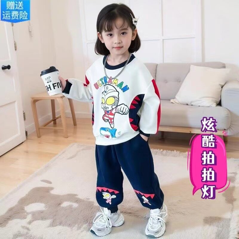 女童赛罗奥特曼带灯套装冬季条纹卫衣发光中大童运动女童加绒衣服