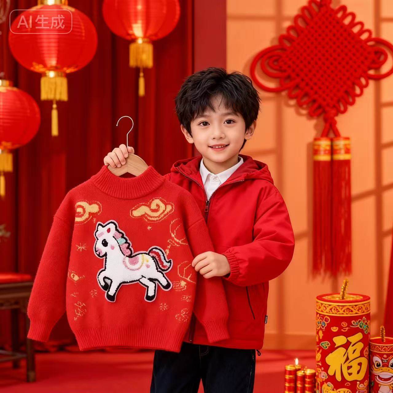 男女童本命年毛衣马年兄妹打底衫洋气加绒卡通小女孩红色马年毛衣