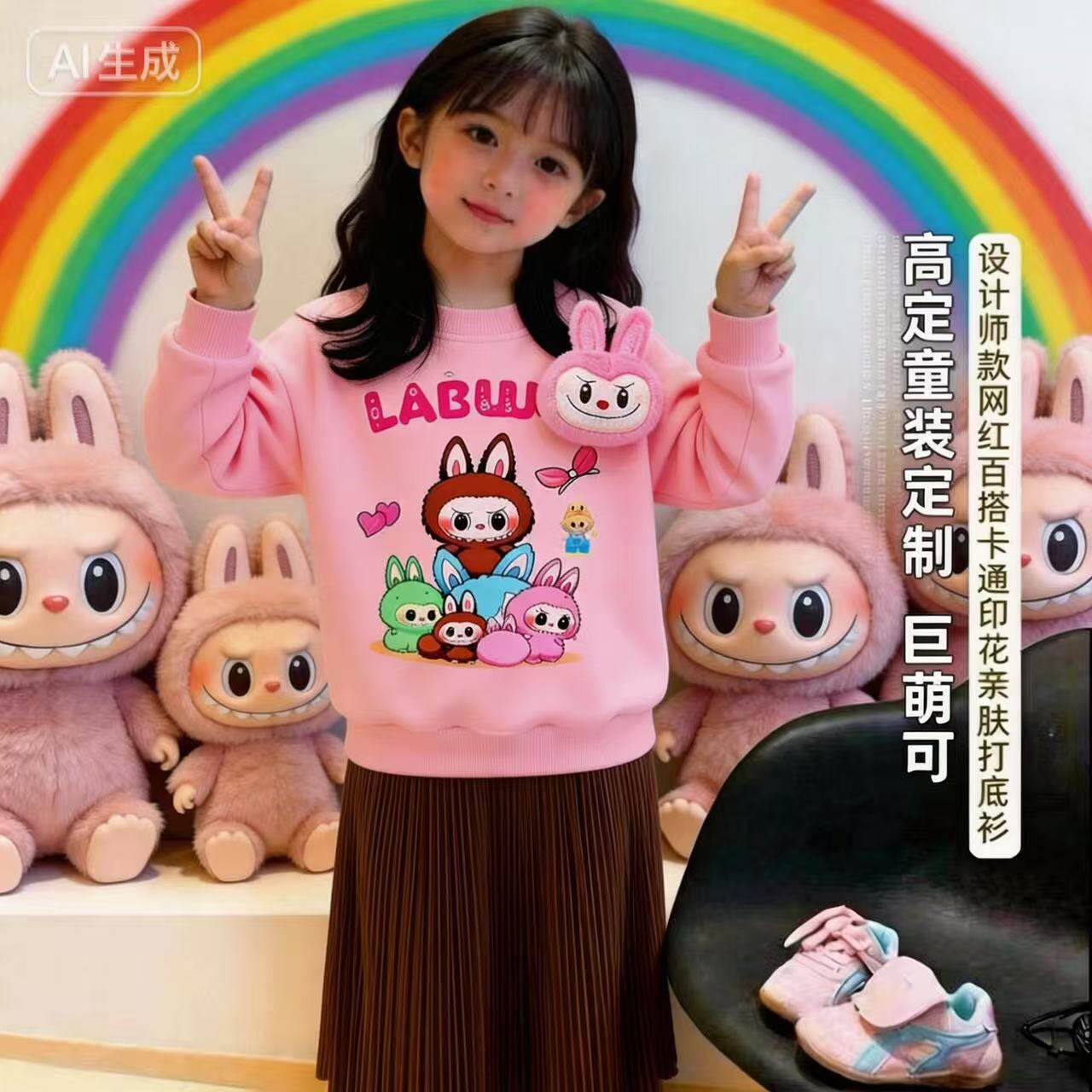 春秋新款女童拉布布卫衣女孩洋气卡通拉布布立体毛绒玩偶上衣纯棉