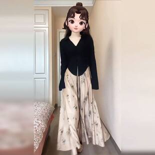 上衣女巨好看百搭A字短裙套装 大码 胖MM辣妹纯欲风V领系带收腰修身