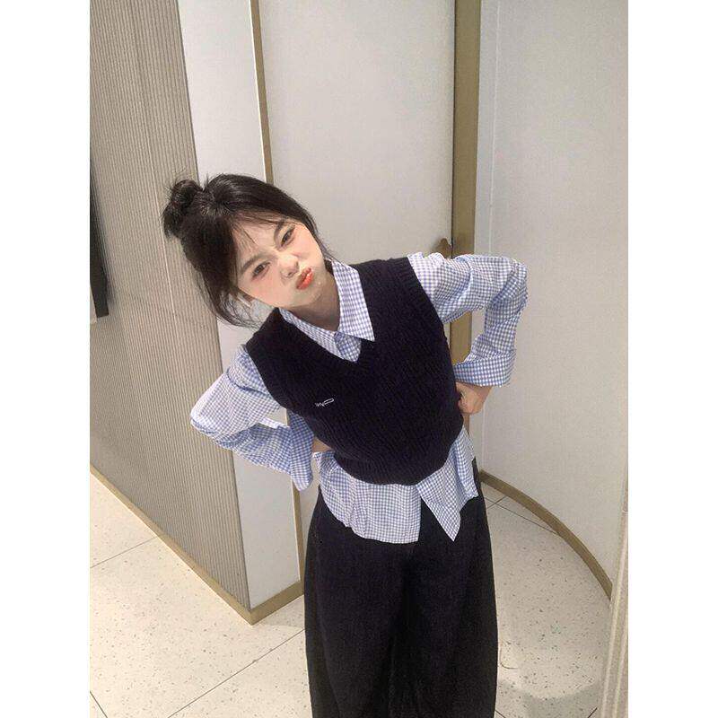 日系学院风V领短款麻花软糯针织马甲毛衣女学生格纹衬衫两件套装