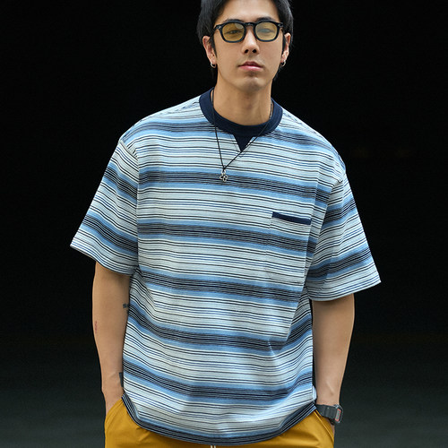 TANOXIT293切割领口条纹短袖T恤