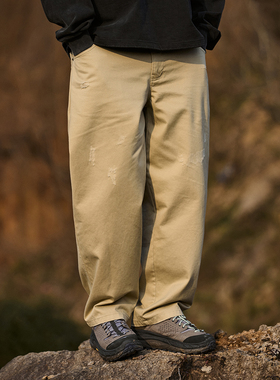 TANOXI P145 水洗破坏手工刀割春夏日系宽松休闲裤抽绳卡其色长裤